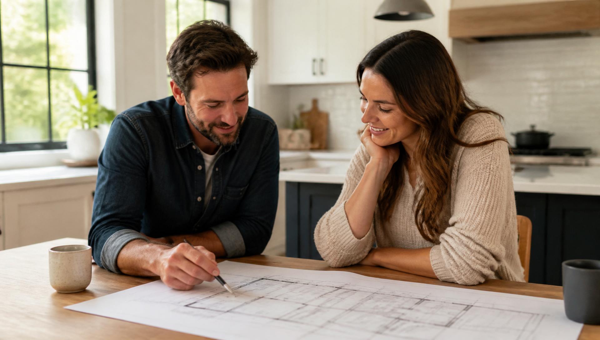 Homeowners reviewing plans together at a kitchen table in natural daylight