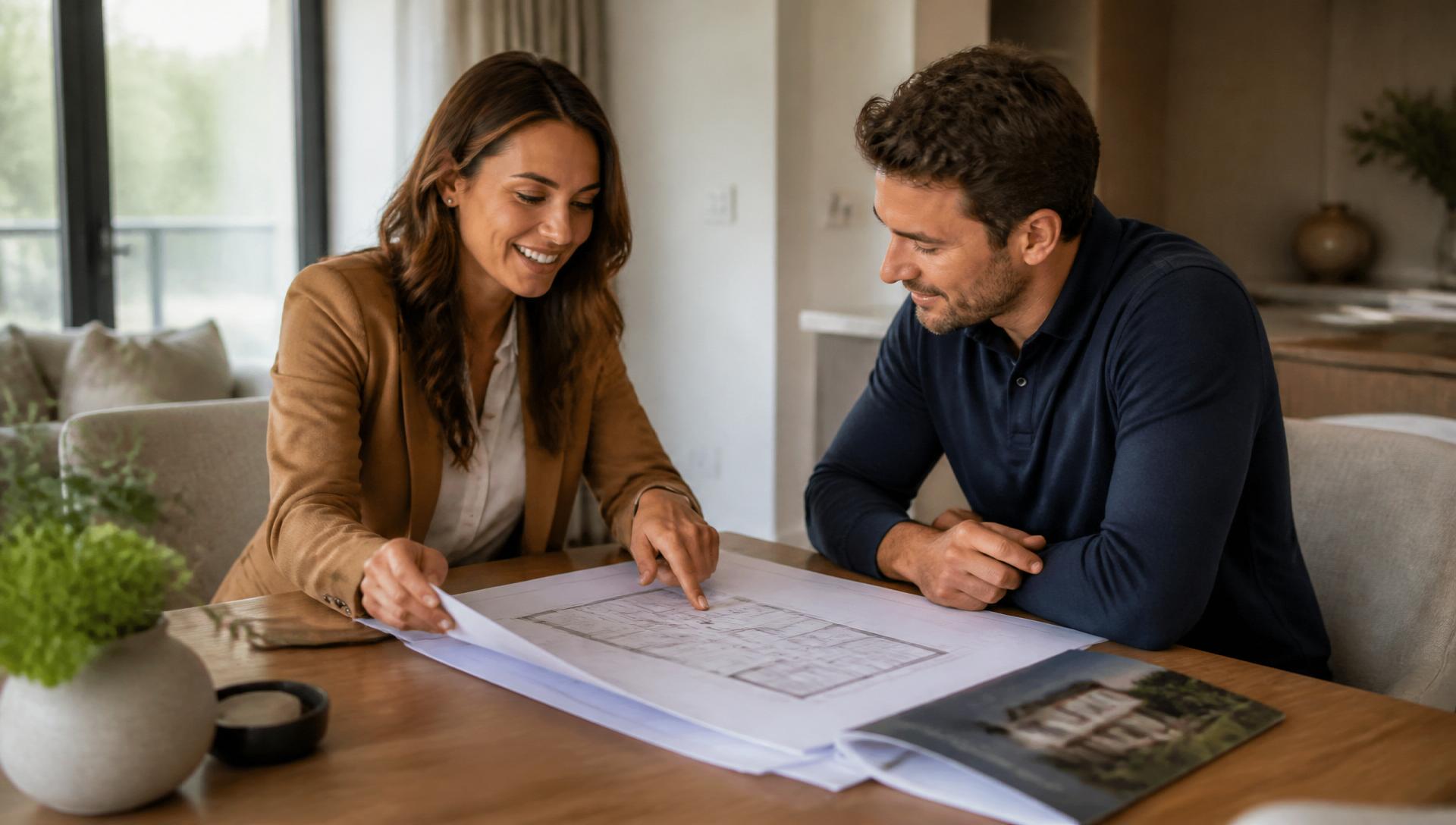 A warm professional consultation with an advisor helping a homeowner review plans at a table