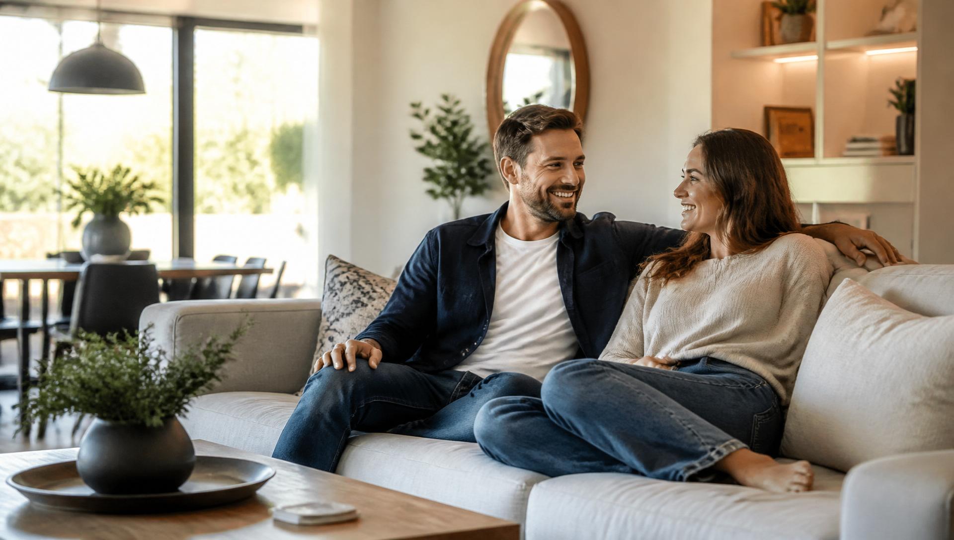 Homeowners relaxing and enjoying their transformed living space with bright natural light