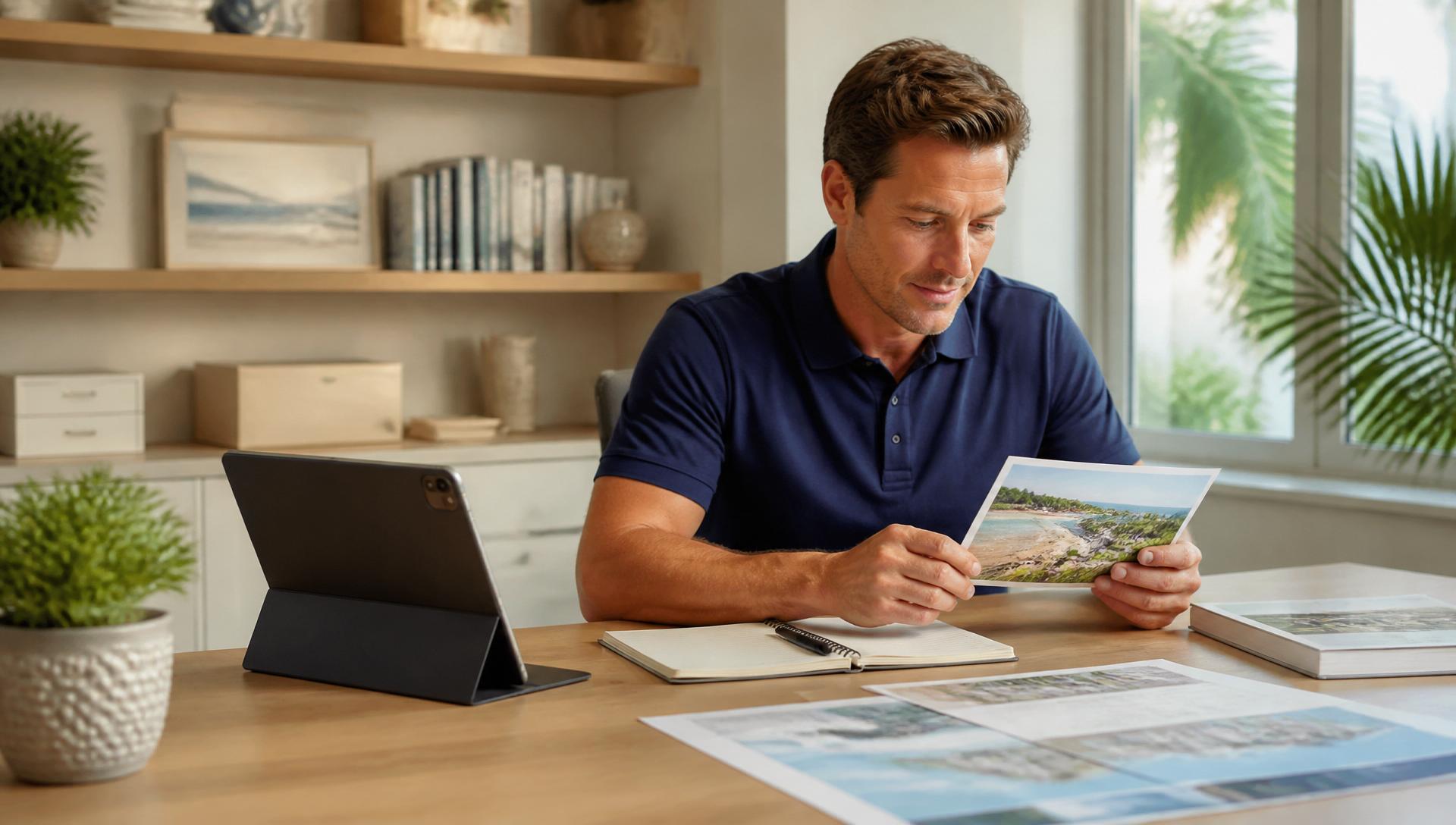 A Florida homeowner researching information with tablet and notebook in a bright organized workspace