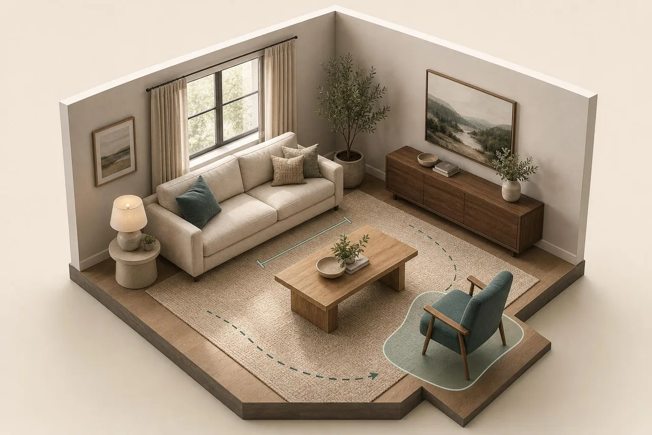 3D living room furniture layout showing spacing, scale and room-fit planning