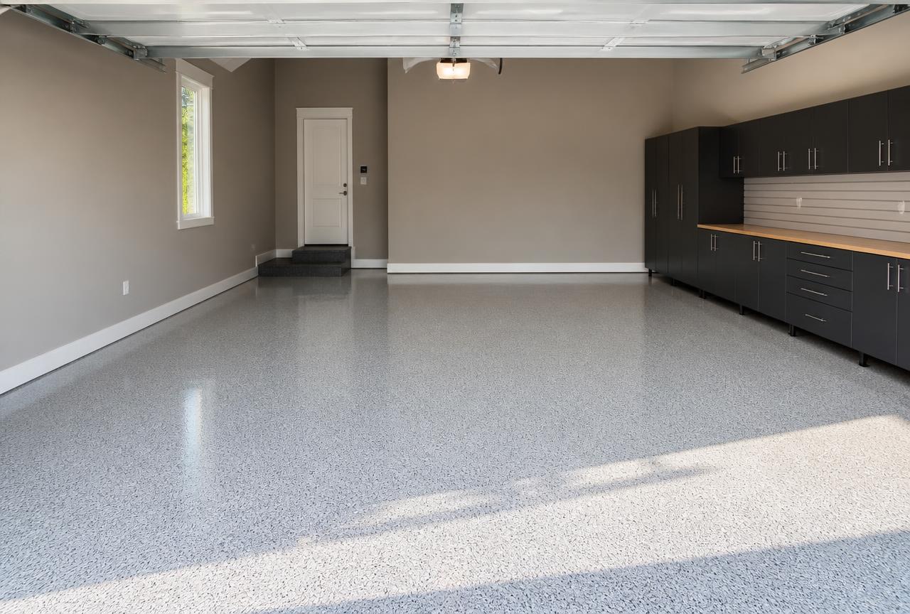 Empty residential garage with a coated flake-finish concrete floor and wall cabinets