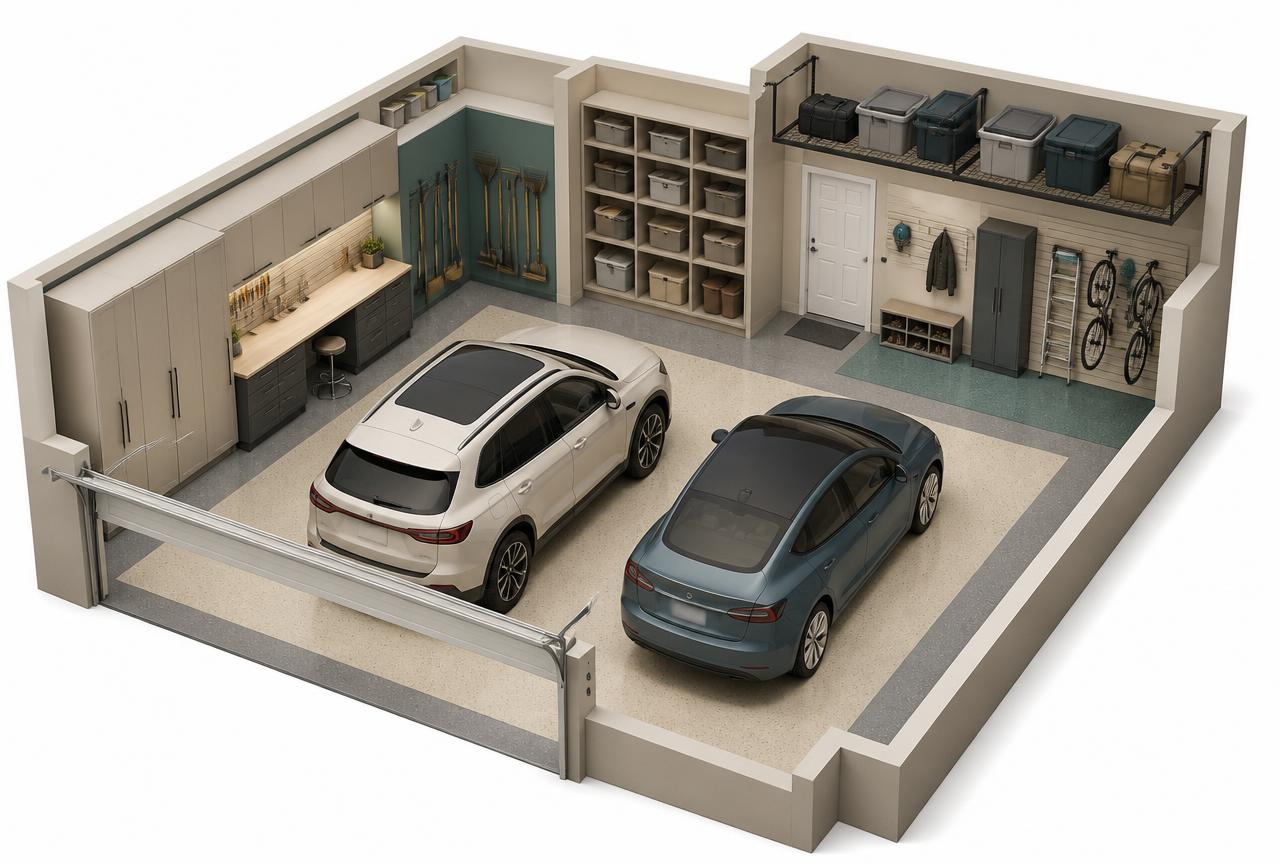 Isometric cutaway of an organized two-car garage with wall cabinets, shelving and an overhead storage rack