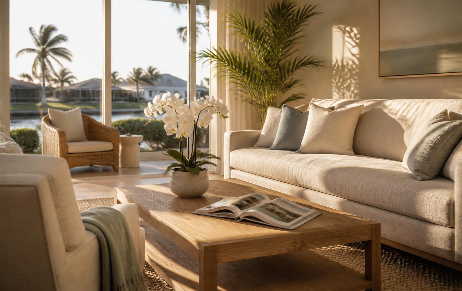 Homeowner organizing a partially furnished living room in a new home