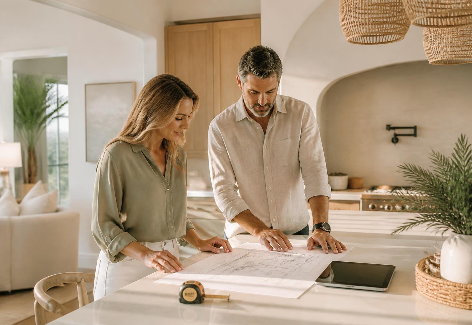 Two homeowners at a bright kitchen island reviewing a printed floor plan with a tape measure and tablet beside them
